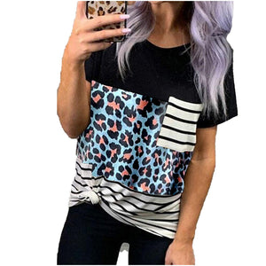 Women pocket striped leopard printed tees short sleeve shirts