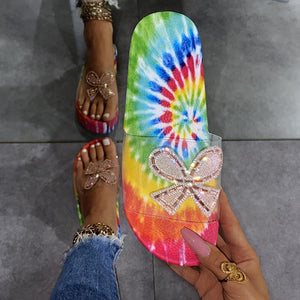 Women rhinestone bow platform slides peep toe clear strap summer slippers