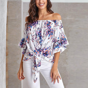 Women flare sleeve floral knot sexy off shoulder t shirt