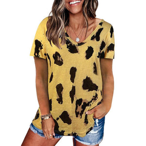 Women leopard summer loose short sleeve v neck t shirt