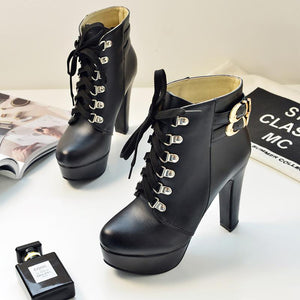 Women ankle buckle strap chunky high heel lace up platform boots