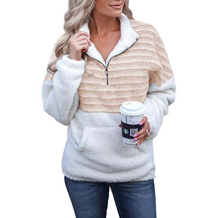 Women color block winter warm faux fur quarter zip sweatshirt
