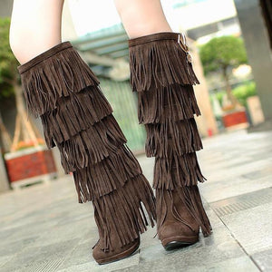 Women fashion fringe chunky heel platform knee high boots