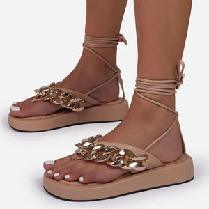 Women thick sole chain d¨¦cor strappy lace up flip flop