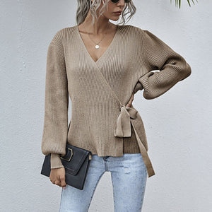 Women v neck bowknot lantern sleeve wrap sweater