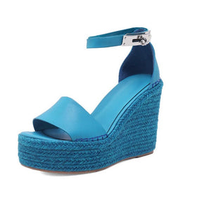 Women buckle strap peep toe espadrille platform wedge sandals