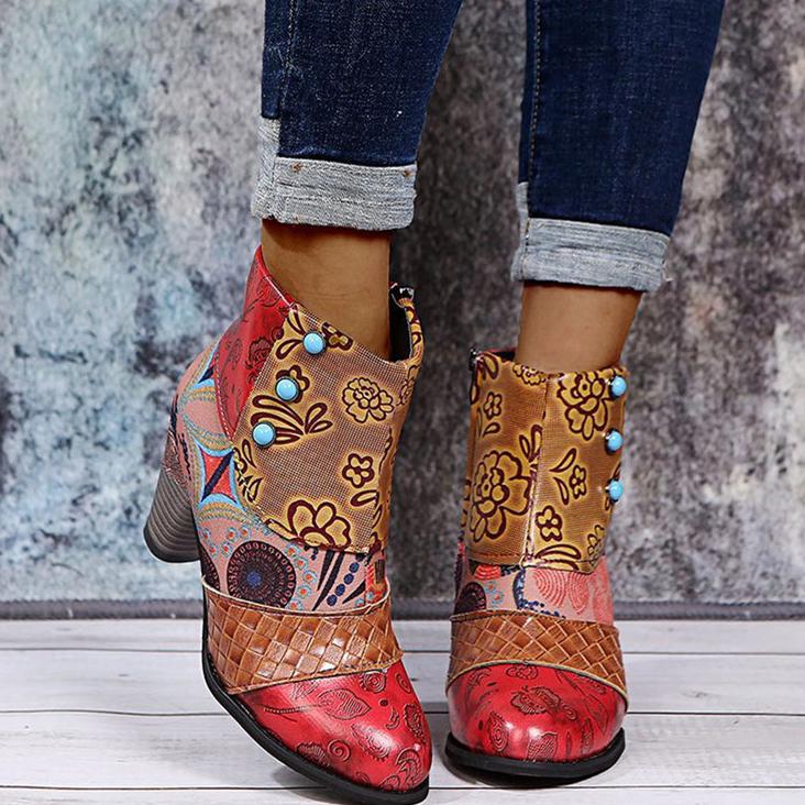 Women retro flowers printed side zipper chunky high heeled booties