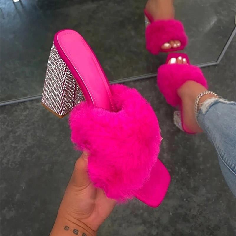 Women rhinestone chunky slipper square peep toe fur heels