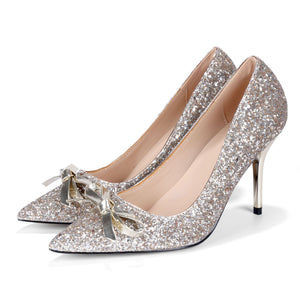 Women wedding sparkly rhinestone pointed toe bow stiletto bridal heels