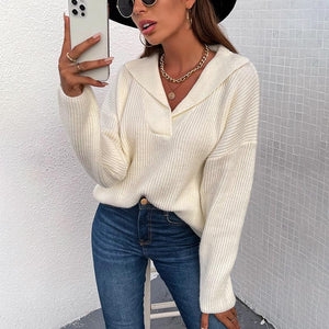 Women turn-down collar v neck long sleeve knit sweater