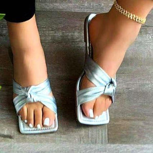 Women square peep toe bow slide flat sandals