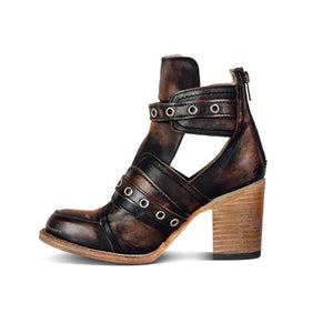 Retro block heel ankle boots ankle strap buckle boots for women vintage chunky boots