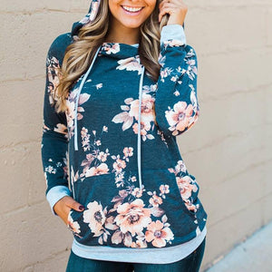 Women flower printed slim fit pullover hoodie sweatshirt