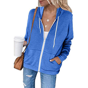 Women long sleeve zip up drawstring sports hoodie sweatshirt