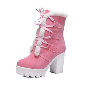 Women winter plush warm chunky heel platform short boots