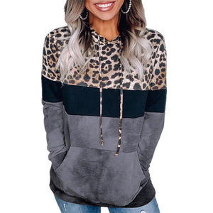 Women knit leopard long sleeve drawstring hoodie sweatshirt