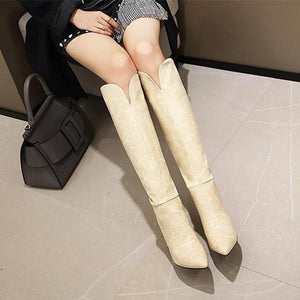 Women fashion v cut snakeskin chunky high heel knee high boots