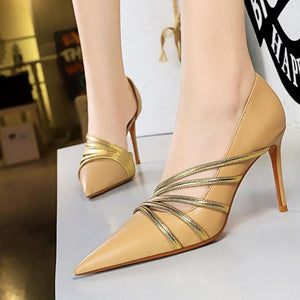 Women prom pointed toe side cut golden strap stiletto heels