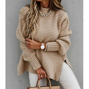 Women knit crew neck slit-hem long sleeve pullover sweater