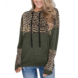 Women color block leopard pullover drawstring hoodie sweatshirt