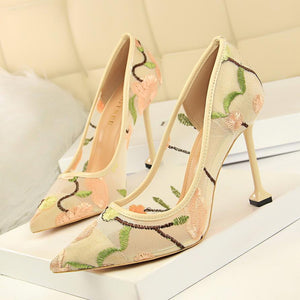 Women embroidered flowers pointed toe stiletto high heels