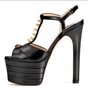 Women t strap studded stiletto peep toe slingback platform heels