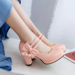Women solid color pendant buckle strap closed toe chunky heels