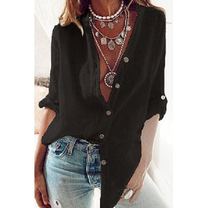 Women solid color long sleeve button up v neck tops
