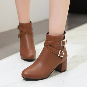 Women buckle strap back zipper solid color chunky heel short boots