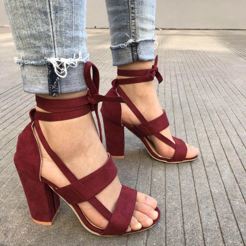 Women criss cross strappy lace up peep toe chunky heels