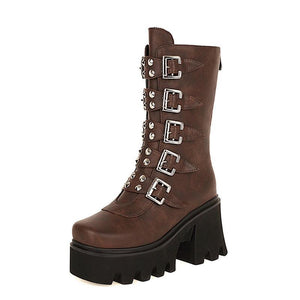 Women mid calf buckle strap chunky platform motorcycle boots