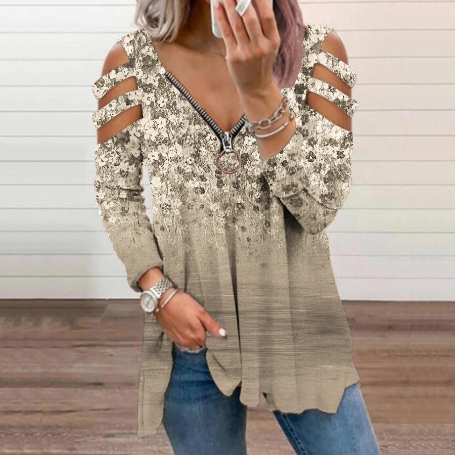 Women flowers off shoulder long sleeve zipper v neck tops - Khaki / S