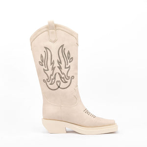 Women square toe chunky heel embroidered mid calf boots