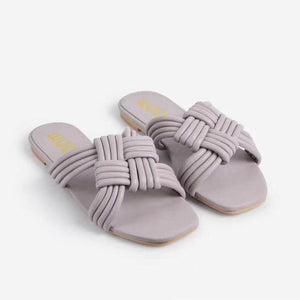Women woven criss cross strap square toe flat slide sandals