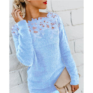 Women lace flower hollow solid color pullover sweater