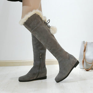 Women winter fuax fur warm flat heel over the knee snow boots