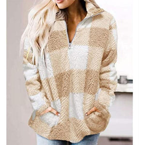 Women plaid chunky high neck faux fur quarter zip pullover