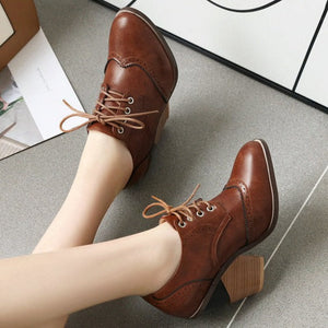 Women lace up oxfords color block England style block heels