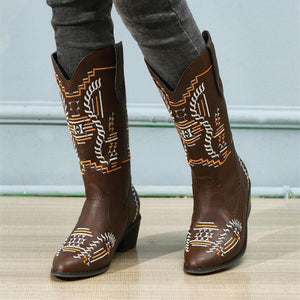 Women fashion embroidered chunky heel pointed toe cowboy boots