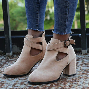 Women criss cross buckle strap hollow chunky heel ankle boots
