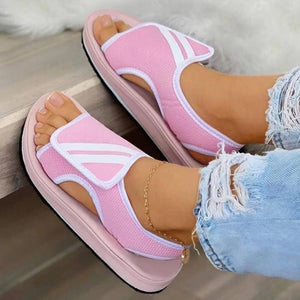 Women summer peep toe hollow magic tape slip on flat sandals