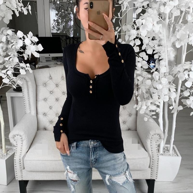 Women Buttoned Down Long Sleeve Shirts Boat Neck Tops