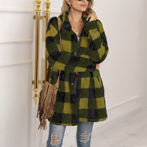 Women winter fall long sleeve color block plaid cardigan