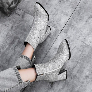 Women pointed toe chunky heel side zipper sequin glitter booties