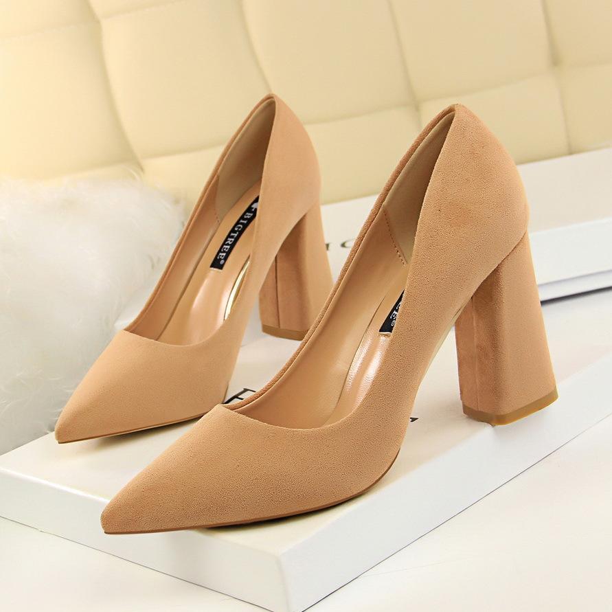 Women minimalist solid color office lady shallow slip on chunky heels