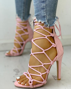 Women stiletto peep toe criss cross strappy lace up heels