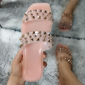 Women two strap studded square peep toe jelly sandals