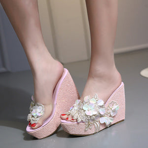 Women rhinestone flower one strap slip on platform wedge sandals