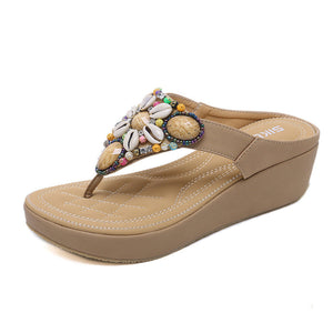Women beaded holiday travel slide thick sole flip flop sandals