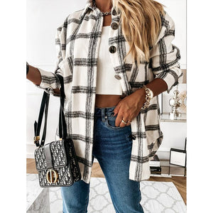 Women fashion loose turn-down collar fall plaid coat